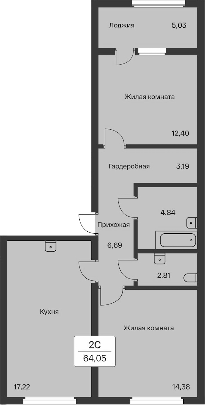 2-комнатная квартира 64.05 м², 8/11 эт., ЖК «Расцветай в Янино»
